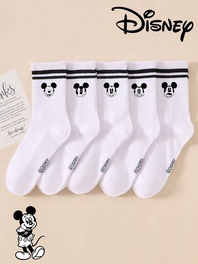 Disney 1 đôi/5 đôi/10 đôi tất nữ cao đến bắp chân - Họa tiết Mickey, tất đôi cao đến bắp chân, tất thể thao hai sọc cao đến bắp chân, kiểu dáng đa năng, phù hợp để mặc hàng ngày và làm quà tặng dịp lễ.