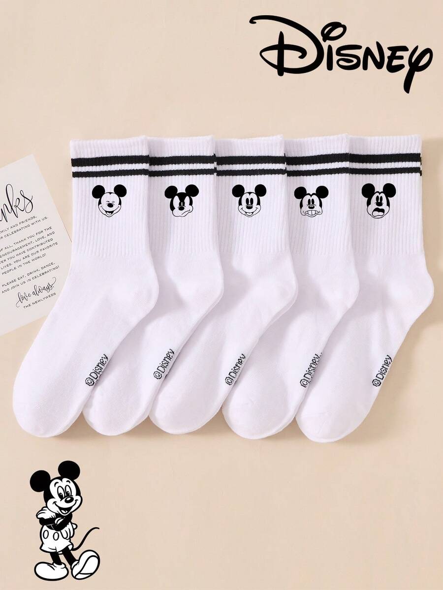Disney 1 đôi/5 đôi/10 đôi tất nữ cao đến bắp chân - Họa tiết Mickey, tất đôi cao đến bắp chân, tất thể thao hai sọc cao đến bắp chân, kiểu dáng đa năng, phù hợp để mặc hàng ngày và làm quà tặng dịp lễ. - Nhiều màu - Xem 1