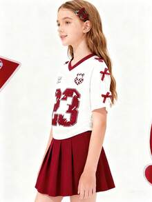 [Back To School 2-Piece Set] Tween Girls' Soccer Outfit, Big Kids' Sweet & Cool Sports Style, Colorblock Design, Summer, Collegiate Look Set: White V-Neck Colorblock Burgundy Numeric Print T-Shirt + 3D Bow Decor + "Ballet Football" Letter + Burgundy Pleated A-Line Mini Skirt, Comfortable Breathable Fabric For School, Sports, Casual Outings - Burgundy - View 5