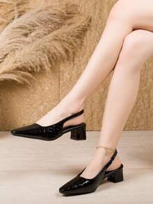 1 Pair Teenage Fashion Crocodile Embossed Pointed Toe Chunky Heel Slingback High Heel Sandals, Suitable For Party, Banquet, Wedding, Comfortable For Commuting, Brown Formal Shoes - Black - View 3