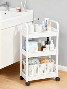1pc 3-Tier Large Capacity Plastic Bathroom Storage Cart With Movable Mesh Basket, Simple & Fresh Pure White 3-Layer Square Design With Swivel Casters & Handles, Suitable For Bathroom Organization Bathroom Accessories - Multicolor - View 1