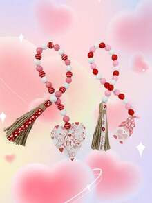 1pc Valentine's Day Beaded Tassel Decor, Eternal Love Pendant, Wooden Beaded Tassel Decor, Holiday Decoration - Multicolor - View 6
