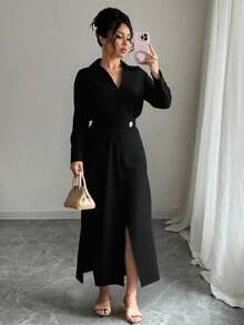 Elegant Solid Color Long Sleeve Lapel Waist Dress