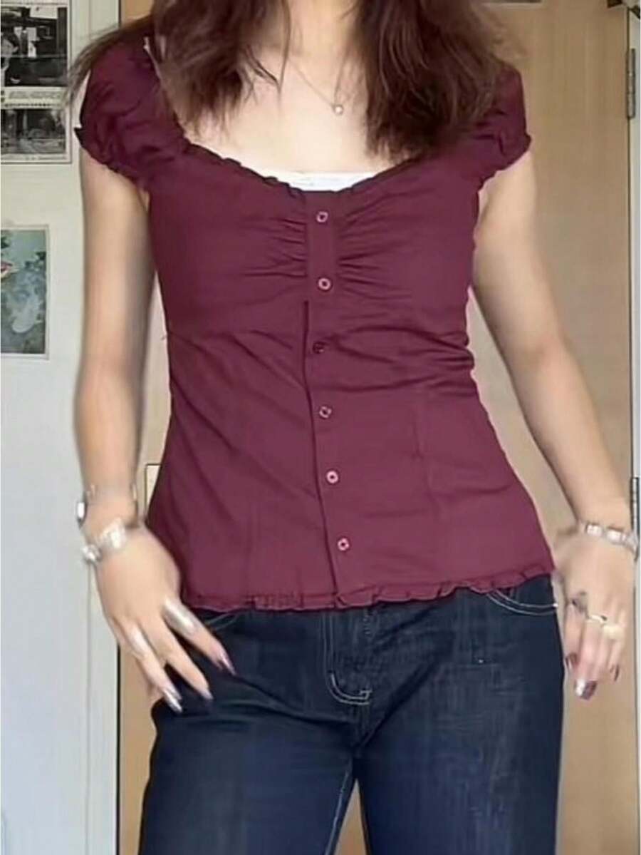 Women Button Down Lace Top V Neck Ruffle Low Cut Cap Sleeved Babydoll Cute Shirt Slim Fit Coquette Blouse - Đỏ - Xem 1