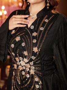 UNITHORSE 女士 V 领长袖系带针织晚礼服 [随机裁剪] - 黑色 - 查看 5