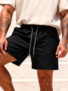 1 Pieza Pantalones cortos deportivos y casuales de secado rápido para hombres, con cintura con cordón, bolsillos con cremallera antirrobo, cómodos y transpirables, estilo diario a juego - Negro - Ver 3