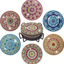 6pcs/Set DIY Mandala Diamond Art Coasters With Holder - Special Shape Crystal Rhinestone Diamond Painting Coasters For Drinks, Artificial Wood Cup Tea Mat For Home Kitchen Dinning Room, Office, Coffee Shop, Restaurant Table Decoration, Relaxing Hobby For Beginners, Suitable For Wedding, Birthday, Christmas, New Year Festival And Holiday Party Decor - Multicolor - View 2