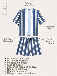 Plus Kimono And Printed Crepe Shorts Set - Xanh và trắng - Xem 6