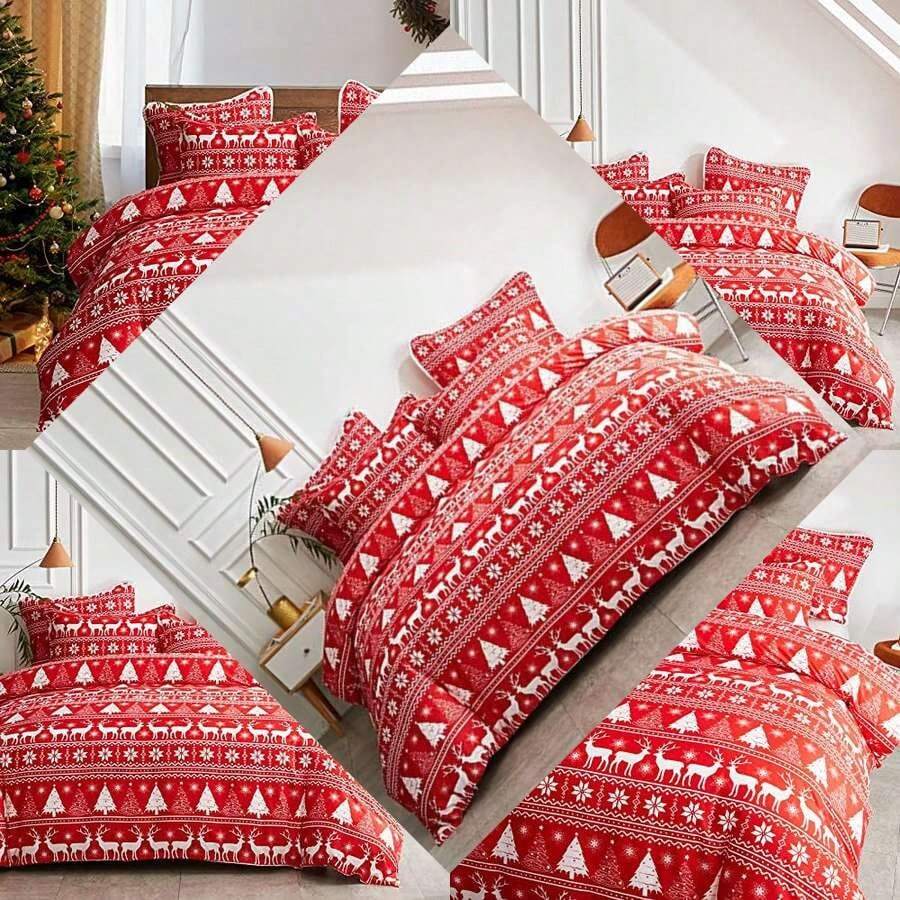 Christmas Bed Comforter Set - Festive Style with Red & White Snowflake and Deer Patterns, King Size (1 Comforter + 2 Pillowcases) for Holiday Decor - Ciervo - Ver 1