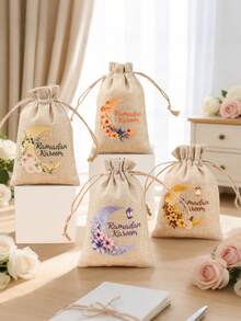 6Pcs Ramadan Kareem Linen Gift Bag,Eid Drawstring Bag With Moon Star Floral Design,Gift Wrapping Bag,Gift Packaging Bag,Storage Bag,Islamic Muslim Party Favor Bag,EID Mubarak Decorations,Eid Al Adha Gift,Ramadan Mubarak Party Supplies,Ramadan Kareem Decorations,Ramadan Decorations For Home,Organization And Storage - Multicolor - View 9