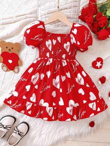 Young Girls' Heart Print Puff Sleeve Dress, Square Neck Waist Ruffle Hem, Sweet Princess Dress For Spring/Summer - Red - View 3