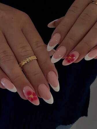 24Pcs Long Almond Flower Nails Design French Tip Press On Nails With Pearl Decoration Design Fit Perfectly Acrylic False Nails Set,Include: 1pc Jelly Glue And 1pc Nail File, Bloominggelnails & French Tip Nails For Woman Girl Daily Work Festivals Party Use