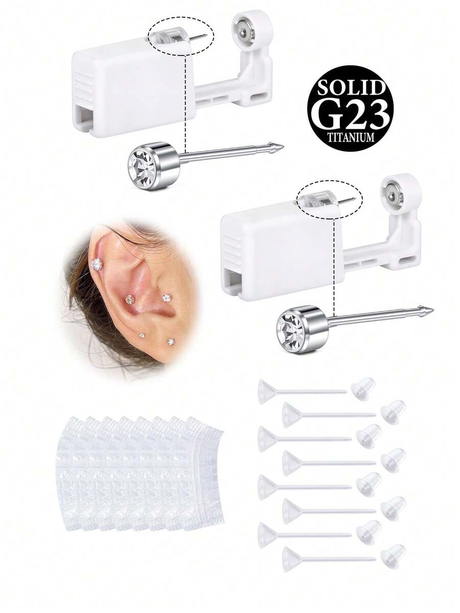 G23 Titanium Ear Piercing Kit (Gold & Silver), 2pcs Disposable Ear Piercing Gun, Pre-Loaded 4mm Ear Studs, Home Ear Lobe, Cartilage, Helix Piercing Set With Waterproof Ear Caps And Clear Ear Studs - Multicolor - View 1