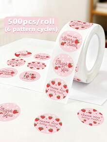 500pcs/Roll Strawberry Thank You Stickers, Round Thank You Pink Self-Adhesive Doodle Stickers, Strawberry Stickers For Baking Gifts Packaging Decoration, Waterproof PVC Stickers, Cute Strawberry Thank You Stickers, Adhesive Labels, Sealing Stickers For Summer Birthday Party Decoration Scrapbook Supplies Scrapbook Stationery Funny Stickers Laptop Stickers Kindle Phone Stickers - Pink - View 1