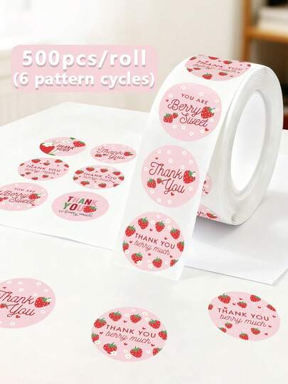 500pcs/Roll Strawberry Thank You Stickers, Round Thank You Pink Self-Adhesive Doodle Stickers, Strawberry Stickers For Baking Gifts Packaging Decoration, Waterproof PVC Stickers, Cute Strawberry Thank You Stickers, Adhesive Labels, Sealing Stickers For Summer Birthday Party Decoration Scrapbook Supplies Scrapbook Stationery