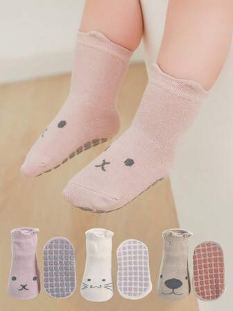 3 Pairs Cartoon Anti-Slip Toddler Crew Socks, All Season