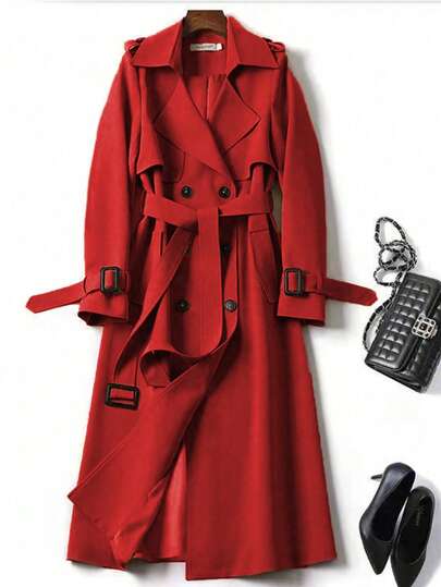 Abrigo largo para mujer, abrigo rojo tipo trinchera, diseño de solapa de doble botonadura, con cinturón, elegante para el trabajo y fiestas, para invierno