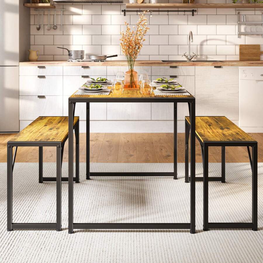 3-Piece Dining Table Set For 4, Kitchen Table Set With 2 Benches, Dining Room Table Set With Adjustable Foot Pads,Room Deocr,Retro, Christmas Gift - Rỉ Nâu - Xem 1