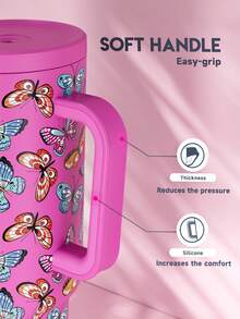 Meoky 40oz Tumbler with Handle and Straw, Insulated Cup, Vacuum Insulated Water Bottle, Tumbler with Lid and Straw, Insulated Stainless Steel Travel Mug, 100% Leak-proof, Keeps Cold for 34 Hours or Hot for 10 Hours (Pink bflies) - 粉色 - 查看 7