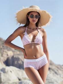 Women's 2 Piece Bikini Set Fashion Halter Neck Swimsuit With Shorts Summer Two Piece Bathing Suit - 粉色 - 查看 2