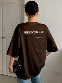 T-Shirt With "Perseverance" Print Lettering. Minimalist, Casual, Modern, Sophisticated, Simple, Basic, Summer, Oversized. - Rust Brown - View 2