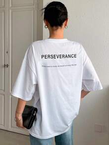 T-Shirt With "Perseverance" Print Lettering. Minimalist, Casual, Modern, Sophisticated, Simple, Basic, Summer, Oversized. - White - View 2