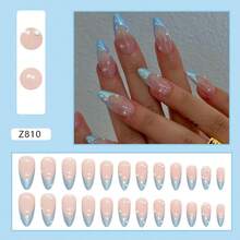 A Box Of 24 Blue Aurora French Pearl Almond Nails Ins Fake Nails Finished Wear Nails - Màu xanh lam - Xem 2