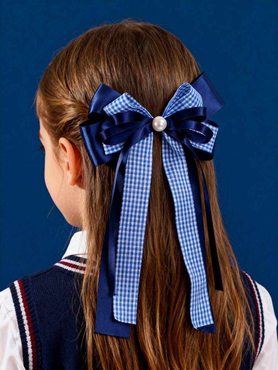 1 pieza Clip de pelo con lazo a cuadros de dos tonos, estilo escolar casual y versátil para niñas, temporada de vuelta al colegio - Azul Marino - Ver 1