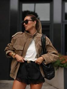女士金属纽扣装饰工装夹克，带大口袋，适合秋冬季节穿着，采用麂皮绒面料制成 - 卡其色 - 查看 5