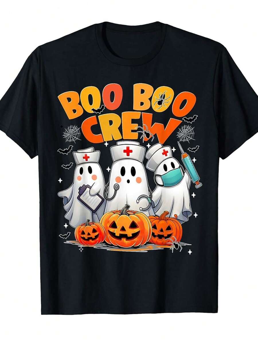 Camiseta de Halloween con Tema de Enfermera Boo Boo Crew - Impresión de Enfermera de Horror, EKG y Estetoscopio, Camiseta de Manga Corta Holgada, Adecuada para Fiestas de Disfraces, Ropa Casual (Unisex) - Adecuada para Todas las Estaciones BUIL - Negro - Ver 1