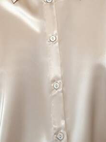 女士优雅缎面长袖衬衫，法式风格，白色，翻领纽扣设计，常规版型，涤纶面料，适合所有季节，通勤及日常穿着。 - 杏色 - 查看 5
