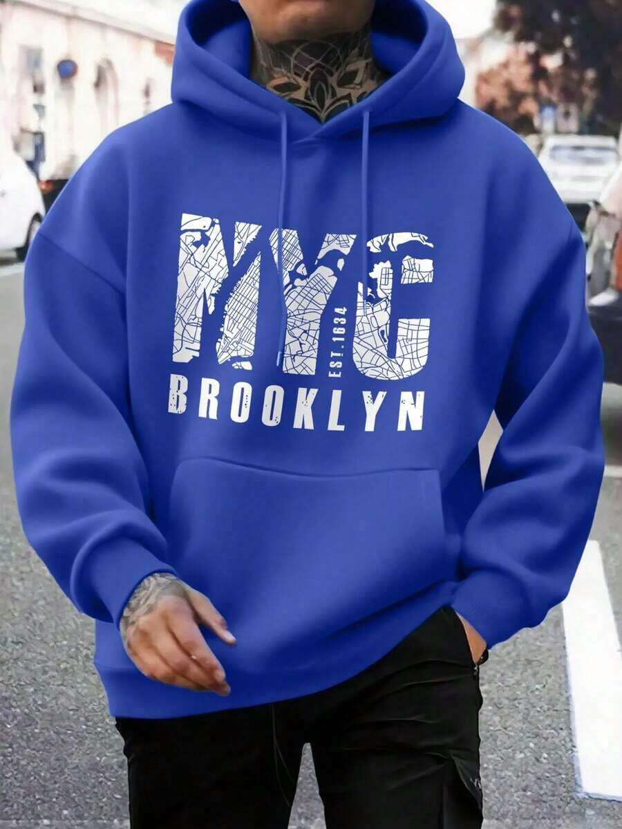 Preppy Lettering Men's Casual Street Hoodie, Drawstring Pocket, Slogan Print, Spring/Autumn, Long Sleeve TopLoose And Comfortable,Casual And Easy-Goin,Valentine's Day Hoodie For Couples,New Years Outfit Women - 藍色 - 查看 1