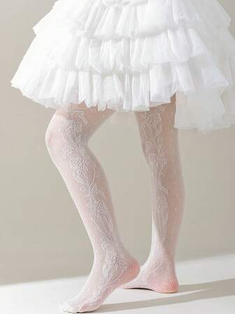 1/2 Pair Girls' Summer Solid White/Beige Hollow Lace Mesh Breathable Pantyhose, Versatile Daily Wear