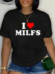 100 Cotton I Love Heart MILFs Day And Mature Womens Funny Shirt T-Shirt Unisex Classic Comfort Tee Tops Oversized Crew N - 黑色 - 查看 1