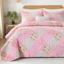 Floral Plaid Patchwork Quilt Set King Size, Reversible Brown Bedding Set Soft Microfiber Lightweight Bedspread Coverlet 3 Piece All - Season Use (104x90 Inches) - 粉色 - 查看 6