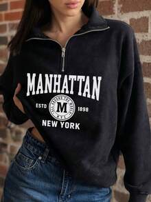女士秋冬新款简约吸睛美式纽约英伦印花休闲半高领拉链卫衣，时尚百搭黑色 - 黑色 - 查看 5