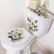 Luxury White Floral Toilet Decal, Refreshing Bathroom Atmosphere, Self-Adhesive Waterproof Renovation Sticker - Multicolor - View 2