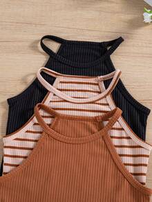 3pcs/Set Girls Ribbed Ribbed & Solid Color Fitted Sleeveless Halter Neck Dress - Coffee Brown - View 8