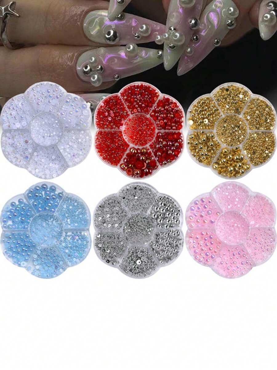 Half Round Ab Pearls, 7 Compartment Plum Box Set, Colourful Nail Art Pearls, DIY, Resin Pearl Nail Jewelry, Perfect Nail Jewelry For Winter, And Valentine's Day - Multicolor - View 1