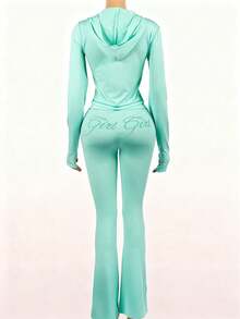 Fall Street Lounge Women's Valentine's Day Printed Zip-Up Jumpsuit Set, Long Sleeve Casual 2-Piece Outfit - Green - View 2