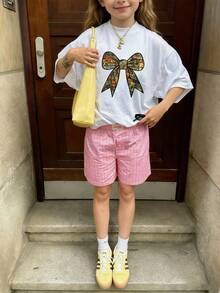 女童及青少年学生休闲印花白色圆领短袖T恤，夏季上衣 - 白色 - 查看 7