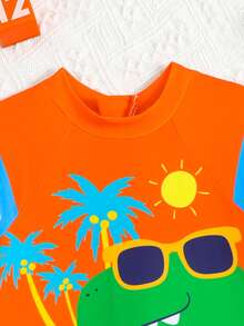 Young Boy Dinosaur Print Sleeveless One-Piece Swimsuit, Summer Beach Vacation - Burnt Orange - View 5