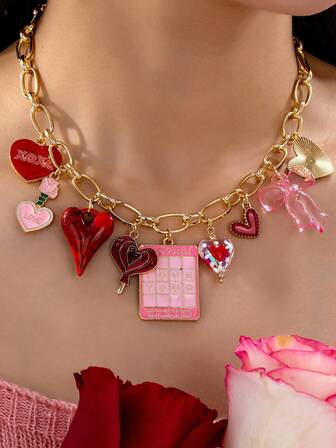 1件手工粉色和红色珐琅心形、玫瑰花、蝴蝶结吊坠项链，浪漫多吊坠项链，情人节情侣礼物