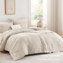 Queen Size Bed Comforter Set - Bohemian, Soft, Warm, Button Tufted  Design, Neutral Tone, Rustic, Aesthetic, Textured, Beige/Cream Color - Beis - Ver 4