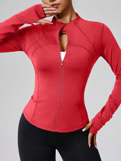 Plus Size Zip-Up Long Sleeve Sports Jacket, Women Tight Fit Thumb Hole Cuff Fitness Yoga Running Activewear Outerwear Spring