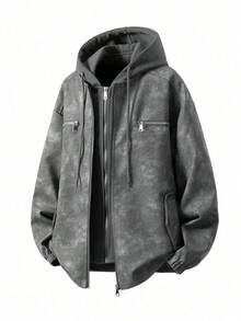 Warm Casual PU Leather Jacket - Men's Fall Winter Fake Two-Piece Hooded Loose Hip Street Outerwear - Xám - Xem 1