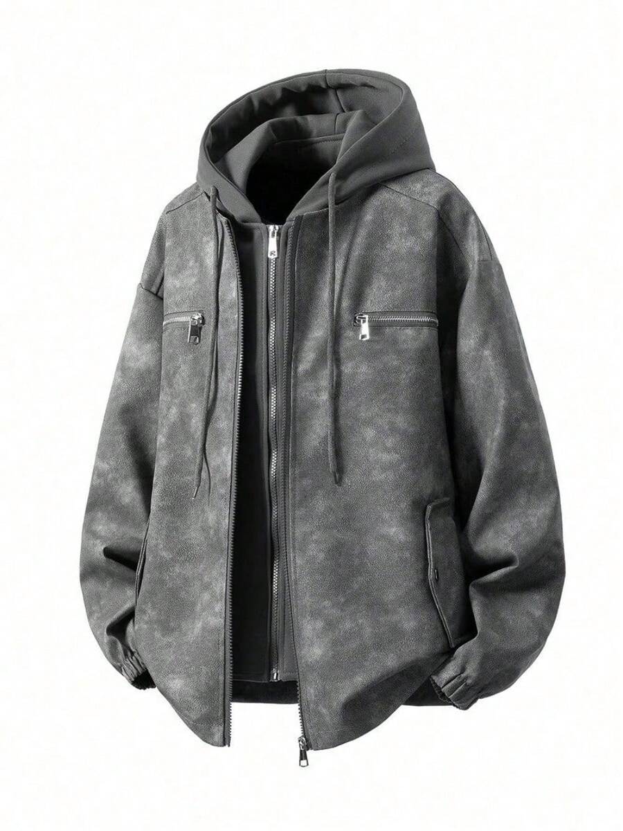 Warm Casual PU Leather Jacket - Men's Fall Winter Fake Two-Piece Hooded Loose Hip Street Outerwear - Xám - Xem 1