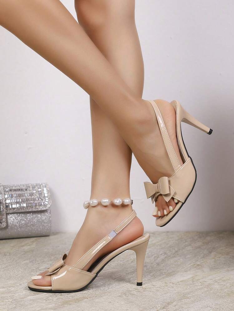 Sandalias de tacón alto de punta fina para mujer, sandalias de punta abierta con lazo y sin espalda para fiestas y trabajo, estilo francés dulce y versátil - Albaricoque - Añade 3