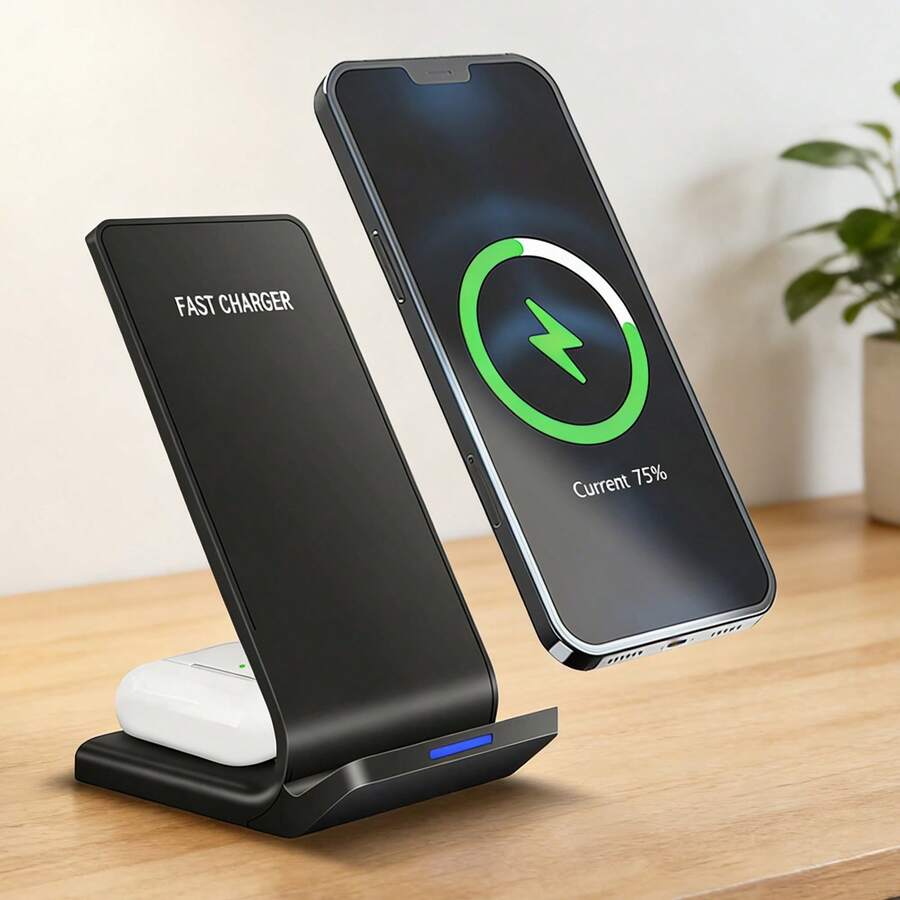 Dual Wireless Fast Charging Dock Station Compatible With IPhone 17 Air 16 15 14 Pro Max Plus 13 12 11 XS XR X 8, Compatible With Airpods 4 3 2 Pro 2 In 1 Charger Stand Multiple Devices Compatible With Samsung Galaxy Fold7/S25/S24 Ultra/S24/S23/S22 Buds 3/3 Pro (No Adapter) - Single Phone Charging - 查看 1