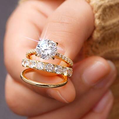 مجموعة 3 قطع من الخواتم المكدسة الفاخرة من السبائك المطلية بالزركونيا المكعبة للنساء، مناسبة للارتداء اليومي، الخطوبة، الذكرى السنوية، عشاء الشموع